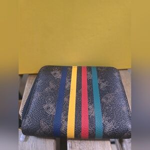 Coach Women's Brown Signature Zip Wallet with Multicolor Stripes